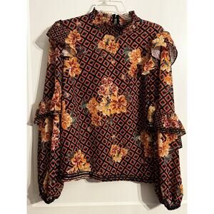 Jealous Tomato Long Sleeve Floral Womens Top Blouse Brown Office Academia Size L